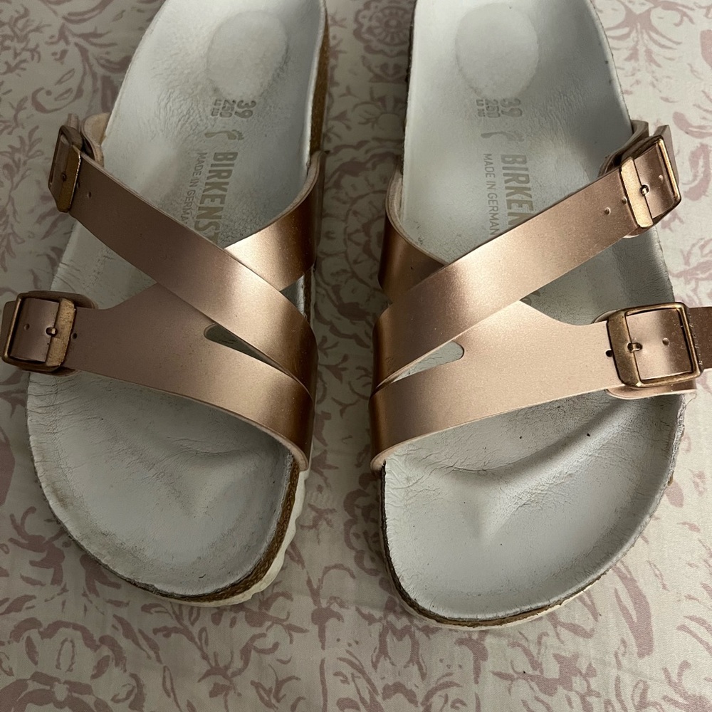 Women’s Birkenstock metallic rose gold sandals